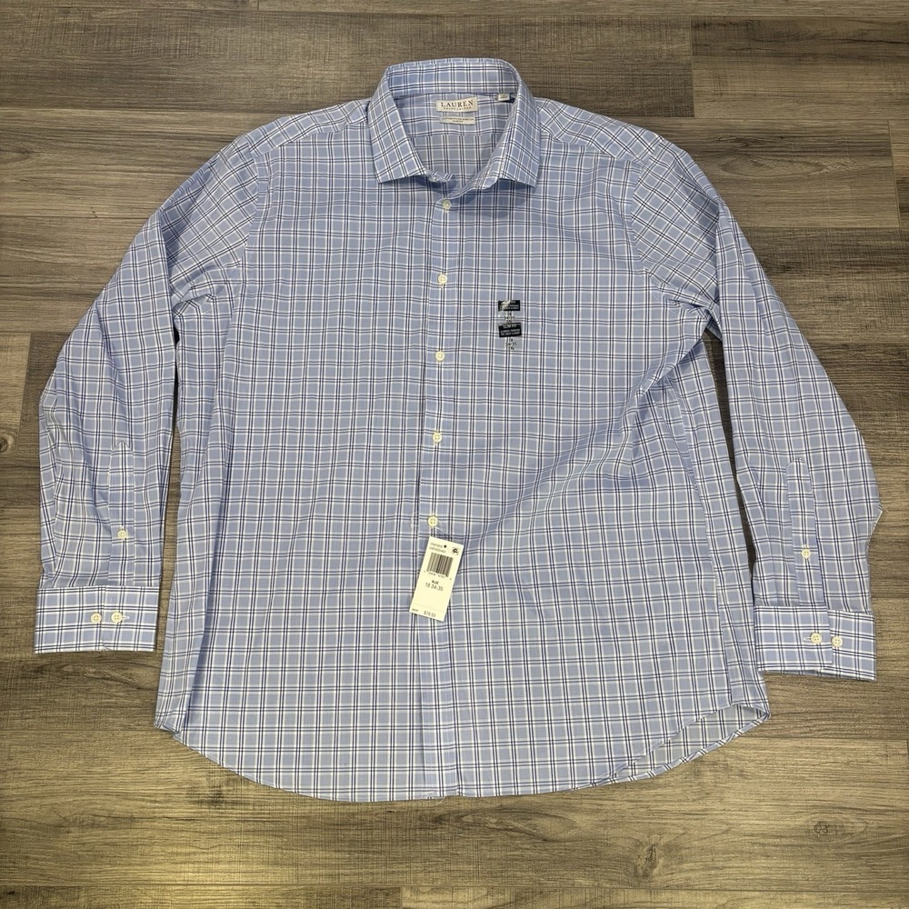 NWT Lauren Ralph Lauren Men's 2XL 18 34/35 Blue Plaid Cotton Nylon Button Up L/S